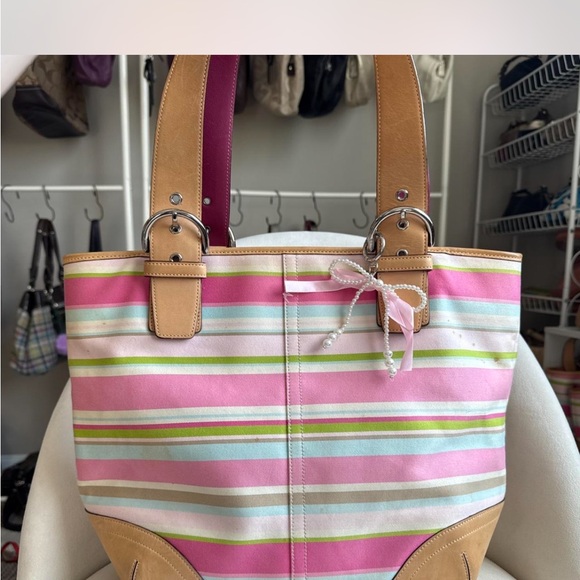Y2K Coach Striped Pink and Tan Women's Tote Bag - Picture 1 of 8